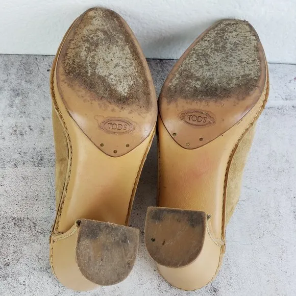 Tod's Leather Suede Heeled Mules Clogs Camel Tan size 39.5 / 8.5-9 Classic Italy