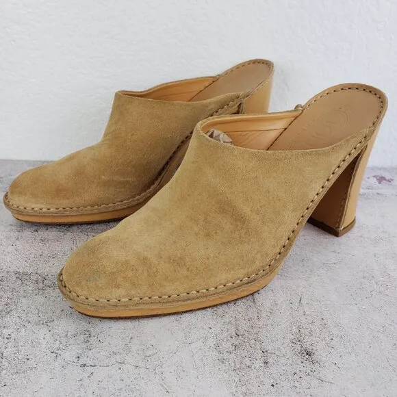 Tod's Leather Suede Heeled Mules Clogs Camel Tan size 39.5 / 8.5-9 Classic Italy
