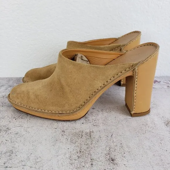 Tod's Leather Suede Heeled Mules Clogs Camel Tan size 39.5 / 8.5-9 Classic Italy