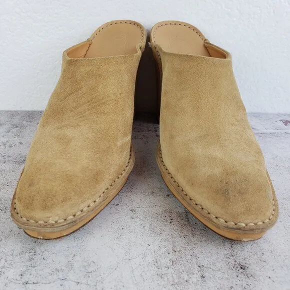 Tod's Leather Suede Heeled Mules Clogs Camel Tan size 39.5 / 8.5-9 Classic Italy