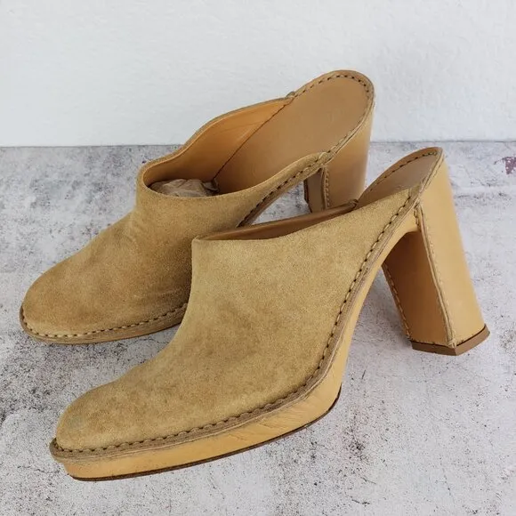 Tod's Leather Suede Heeled Mules Clogs Camel Tan size 39.5 / 8.5-9 Classic Italy
