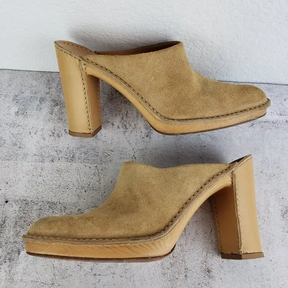 Tod's Leather Suede Heeled Mules Clogs Camel Tan size 39.5 / 8.5-9 Classic Italy