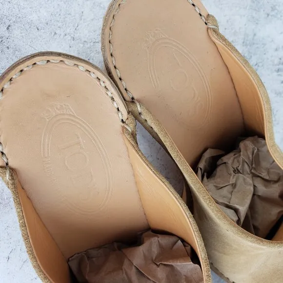 Tod's Leather Suede Heeled Mules Clogs Camel Tan size 39.5 / 8.5-9 Classic Italy