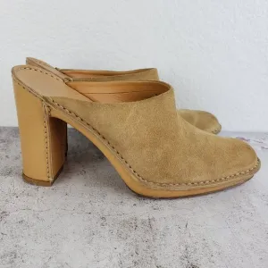 Tod's Leather Suede Heeled Mules Clogs Camel Tan size 39.5 / 8.5-9 Classic Italy