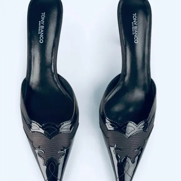Tony Bianco black patent pointed toe Shuga mules size 6.5 - new