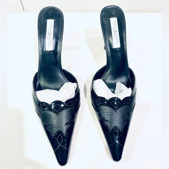 Tony Bianco black patent pointed toe Shuga mules size 6.5 - new