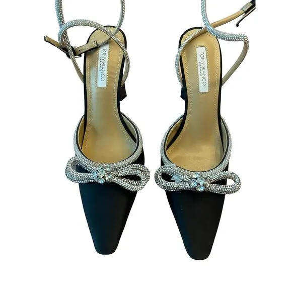 Tony Bianco Elsie Heels Embellished Ankle Strap Pointed Toe Black Satin Size 8.5