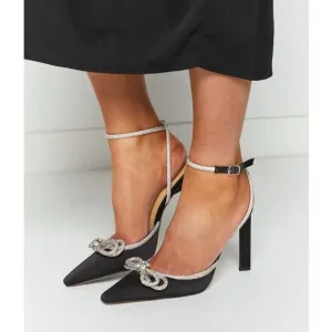 Tony Bianco Elsie Heels Embellished Ankle Strap Pointed Toe Black Satin Size 8.5