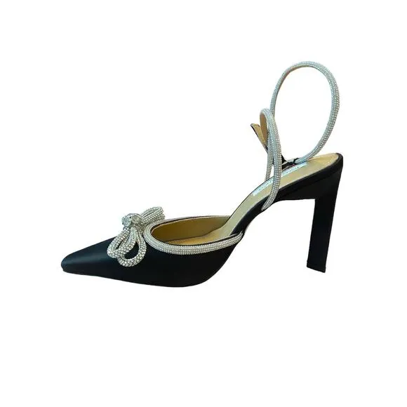 Tony Bianco Elsie Heels Embellished Ankle Strap Pointed Toe Black Satin Size 8.5