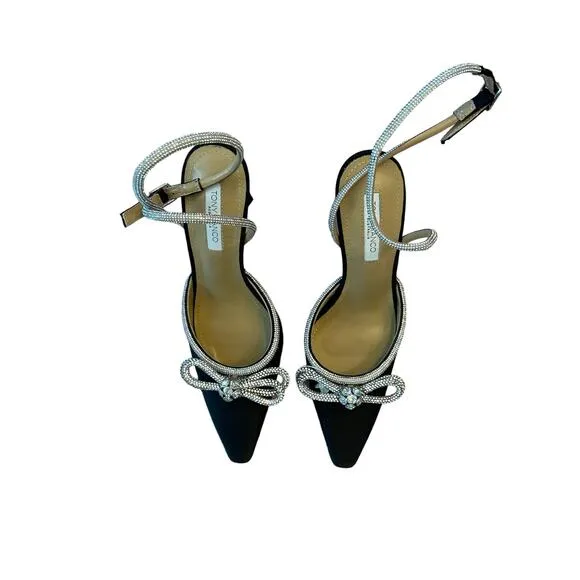 Tony Bianco Elsie Heels Embellished Ankle Strap Pointed Toe Black Satin Size 8.5