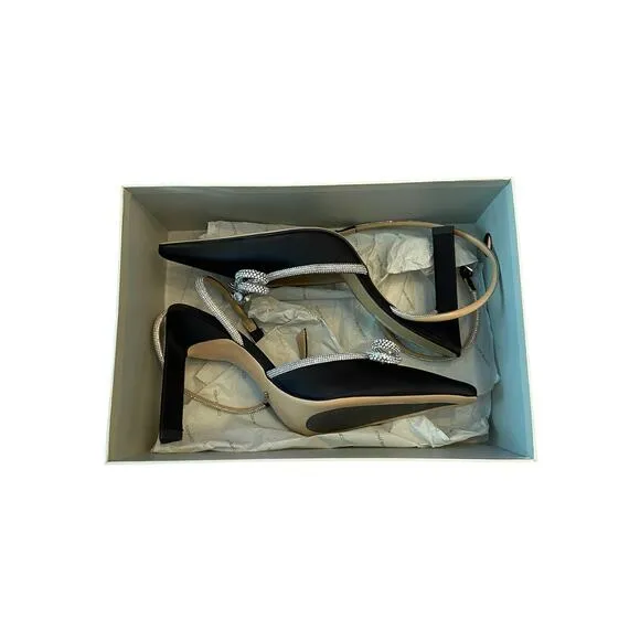 Tony Bianco Elsie Heels Embellished Ankle Strap Pointed Toe Black Satin Size 8.5