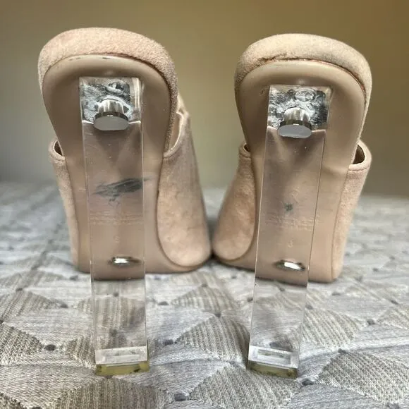 Tony Bianco Revolve Kitzy Tan Suede Open Toe Mules Stiletto Clear Heels Women 9