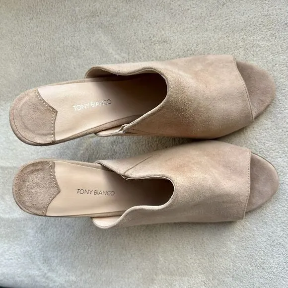 Tony Bianco Revolve Kitzy Tan Suede Open Toe Mules Stiletto Clear Heels Women 9