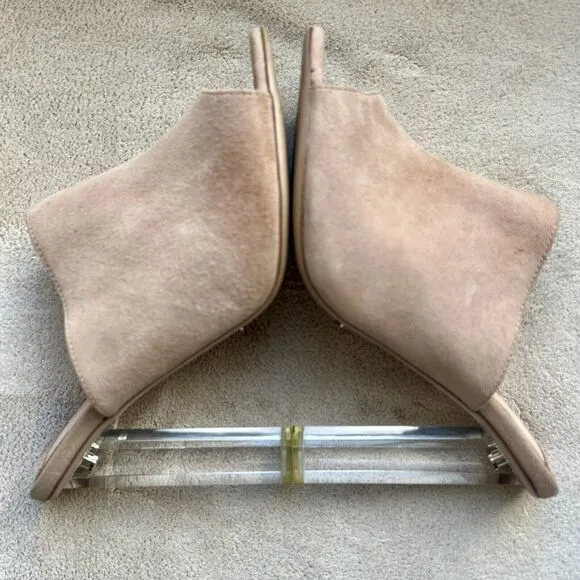 Tony Bianco Revolve Kitzy Tan Suede Open Toe Mules Stiletto Clear Heels Women 9