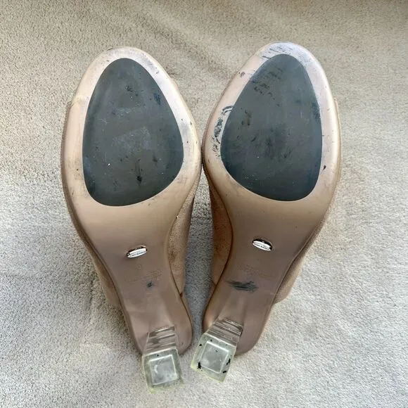 Tony Bianco Revolve Kitzy Tan Suede Open Toe Mules Stiletto Clear Heels Women 9