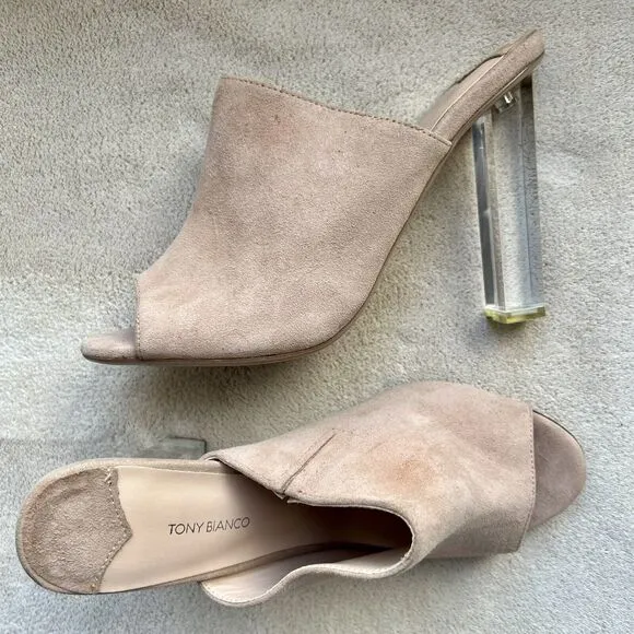Tony Bianco Revolve Kitzy Tan Suede Open Toe Mules Stiletto Clear Heels Women 9
