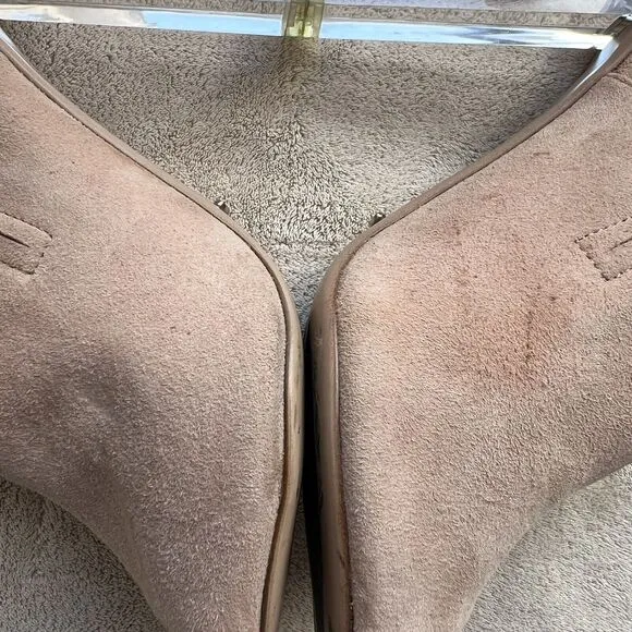 Tony Bianco Revolve Kitzy Tan Suede Open Toe Mules Stiletto Clear Heels Women 9