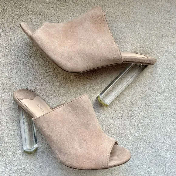 Tony Bianco Revolve Kitzy Tan Suede Open Toe Mules Stiletto Clear Heels Women 9