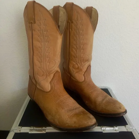 TONY LAMA Leather Cowboy Boots 2-Tone Brown Heels