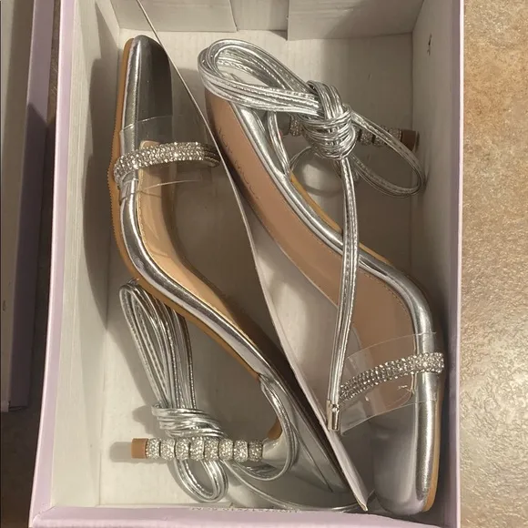 TOP Moda Silver Strappy Heels with Unique Beaded Heel