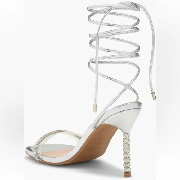 TOP Moda Silver Strappy Heels with Unique Beaded Heel
