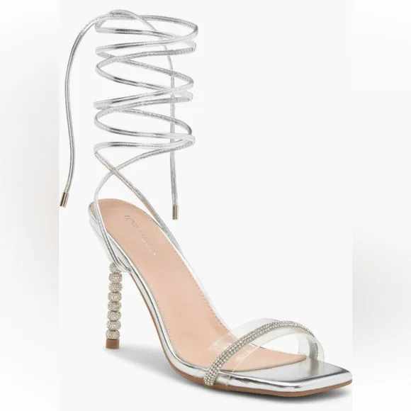 TOP Moda Silver Strappy Heels with Unique Beaded Heel
