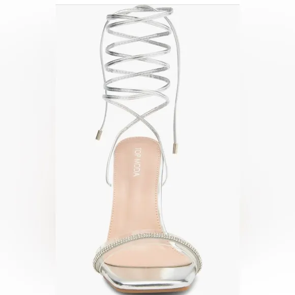 TOP Moda Silver Strappy Heels with Unique Beaded Heel