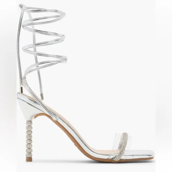 TOP Moda Silver Strappy Heels with Unique Beaded Heel
