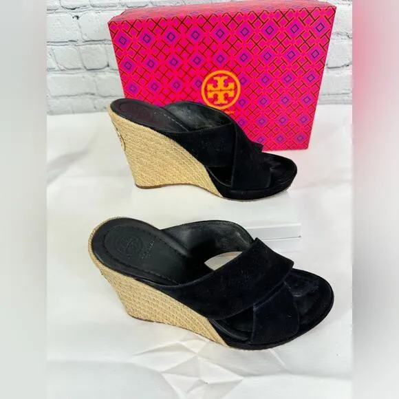 #TORY BURCH Bailey 110mm Wedge Mules Suede Black Size 7.5
