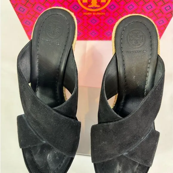 #TORY BURCH Bailey 110mm Wedge Mules Suede Black Size 7.5