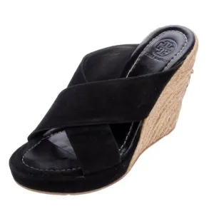 #TORY BURCH Bailey 110mm Wedge Mules Suede Black Size 7.5