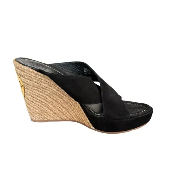 Tory Burch Bailey Wedge Sandals Black Suede Leather Espadrile Mules Women