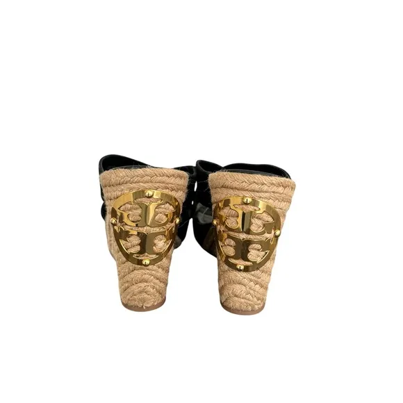 Tory Burch Bailey Wedge Sandals Black Suede Leather Espadrile Mules Women