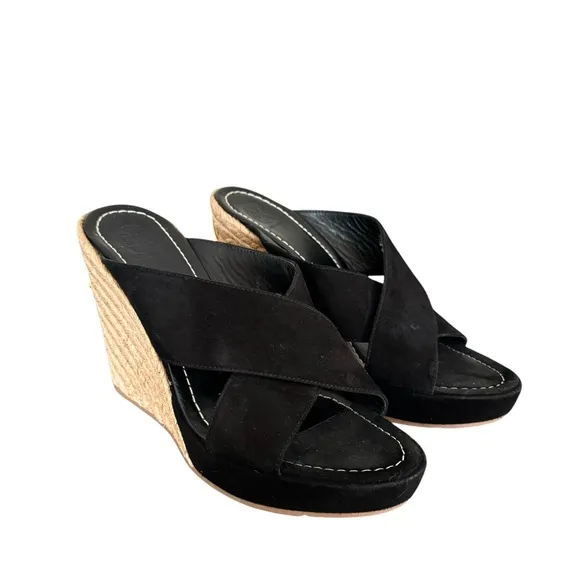 Tory Burch Bailey Wedge Sandals Black Suede Leather Espadrile Mules Women