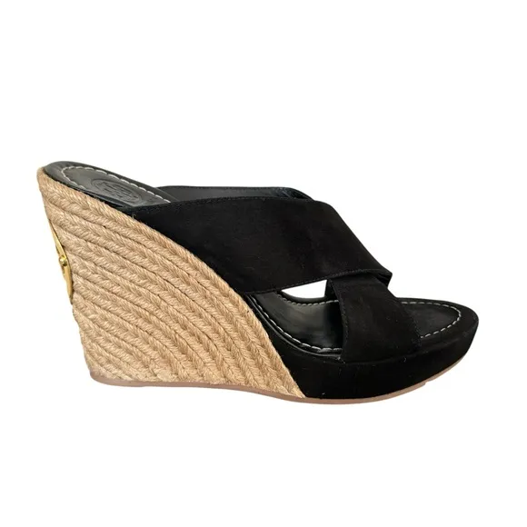 Tory Burch Bailey Wedge Sandals Black Suede Leather Espadrile Mules Women