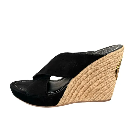 Tory Burch Bailey Wedge Sandals Black Suede Leather Espadrile Mules Women