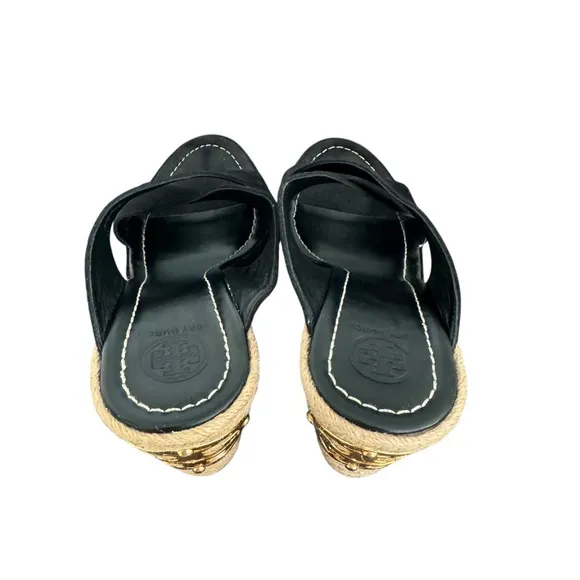 Tory Burch Bailey Wedge Sandals Black Suede Leather Espadrile Mules Women