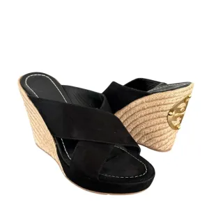 Tory Burch Bailey Wedge Sandals Black Suede Leather Espadrile Mules Women