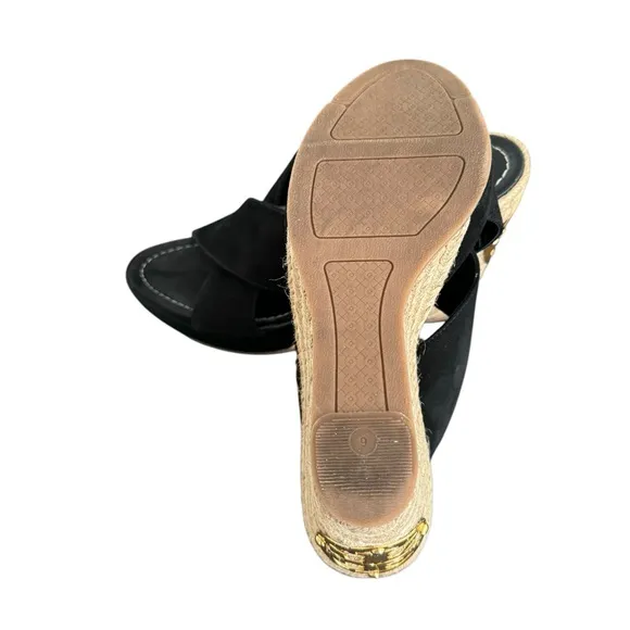 Tory Burch Bailey Wedge Sandals Black Suede Leather Espadrile Mules Women