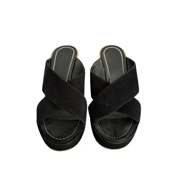 Tory Burch Bailey Wedge Sandals Black Suede Leather Espadrile Mules Women
