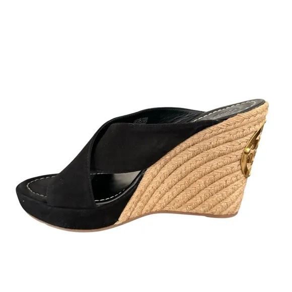 Tory Burch Bailey Wedge Sandals Black Suede Leather Espadrile Mules Women