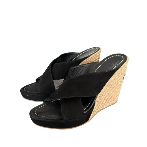 Tory Burch Bailey Wedge Sandals Black Suede Leather Espadrile Mules Women