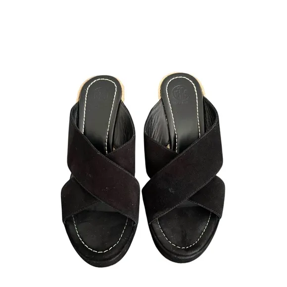 Tory Burch Bailey Wedge Sandals Black Suede Leather Espadrile Mules Women