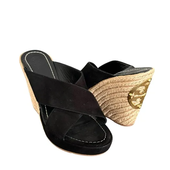 Tory Burch Bailey Wedge Sandals Black Suede Leather Espadrile Mules Women