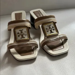 Tory Burch Brown and Cream Mules with Square Buckle. Worn once.