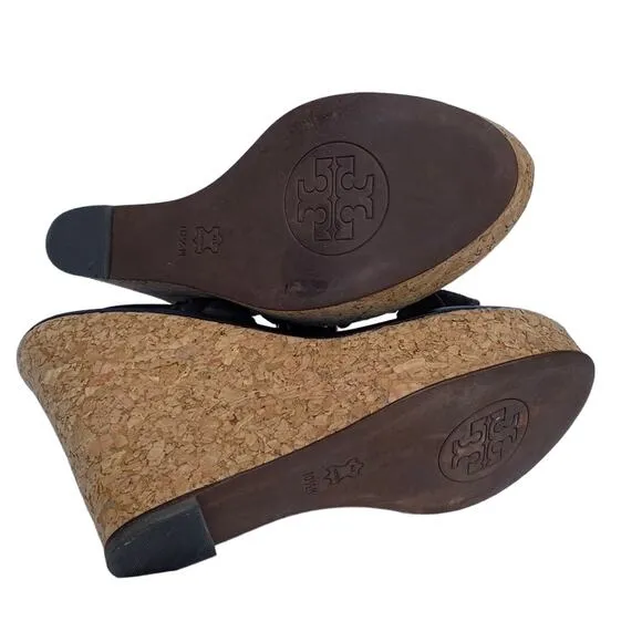 Tory Burch Brown Leather Braided Strap Open Toe Ankle Strap Wedge Sandal 10.5M