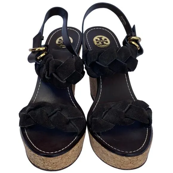 Tory Burch Brown Leather Braided Strap Open Toe Ankle Strap Wedge Sandal 10.5M