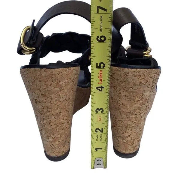 Tory Burch Brown Leather Braided Strap Open Toe Ankle Strap Wedge Sandal 10.5M