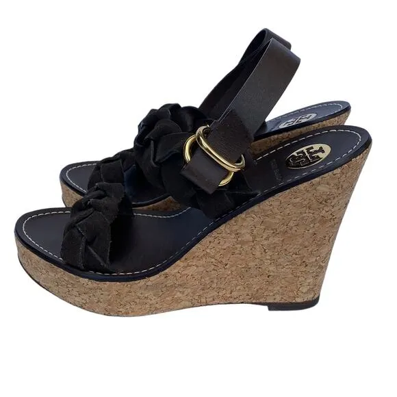 Tory Burch Brown Leather Braided Strap Open Toe Ankle Strap Wedge Sandal 10.5M