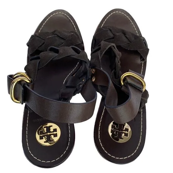 Tory Burch Brown Leather Braided Strap Open Toe Ankle Strap Wedge Sandal 10.5M